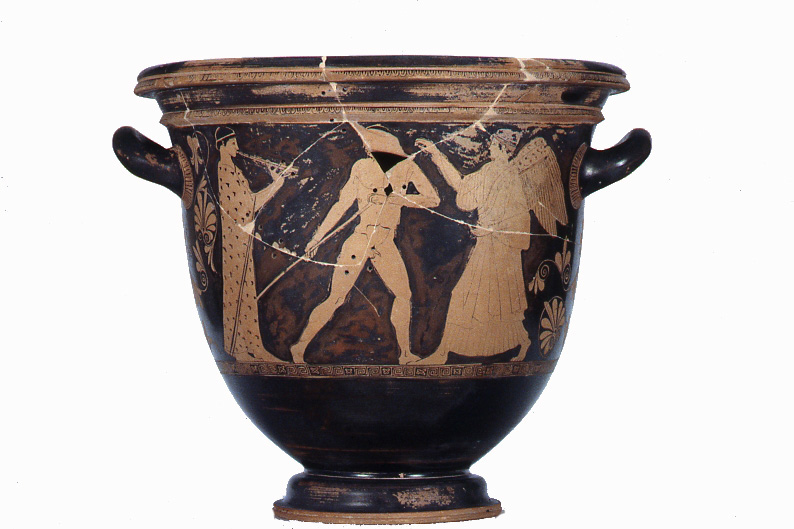 Cratere a calice attico a figure rosse Lato A: Dioniso e Oinopion tra una coppia di figure femminili. Lato B: un atleta si appresta a lanciare il giavellotto alla presenza di un auleta e della Vittoria che lo incoronerà. Pittore di Altamura, ca. 470 a.C. Spina, necropoli di Valle Trebba, tomba 311. Ferrara, Museo Archeologico Nazionale Lato A: Dioniso e Oinopion tra una coppia di figure femminili. Lato B: un atleta si appresta a lanciare il giavellotto alla presenza di un auleta e della Vittoria che lo incoronerà.