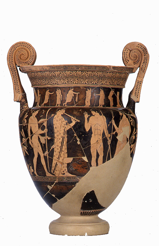 Lato A: Zeus affida alle ninfe il piccolo Dioniso. Lato B: un aulete introduce con la musica le prestazioni sportive di due atleti sotto lo sguardo del giudice di gara. 